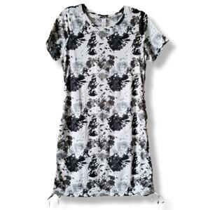Women Black White Tie Dye Mini Dress Tunic Top M Boho Beach Resort Casual NEW